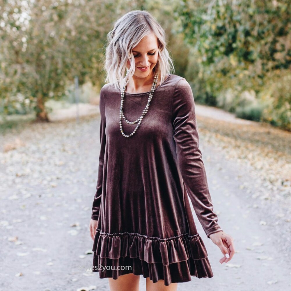 Easel Clothing Arie Long Sleeve Velvet Shirt Dress in Mushroom NWT